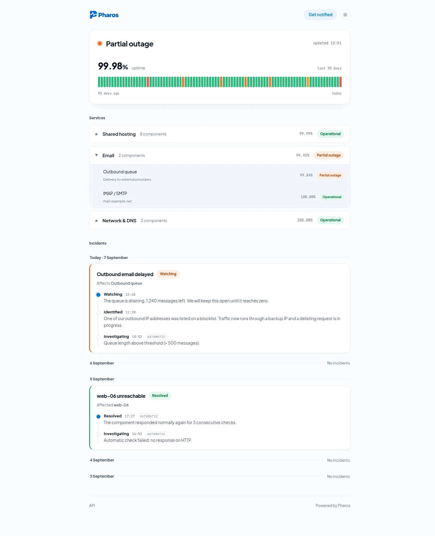 Pharos interface showing service status and incident information