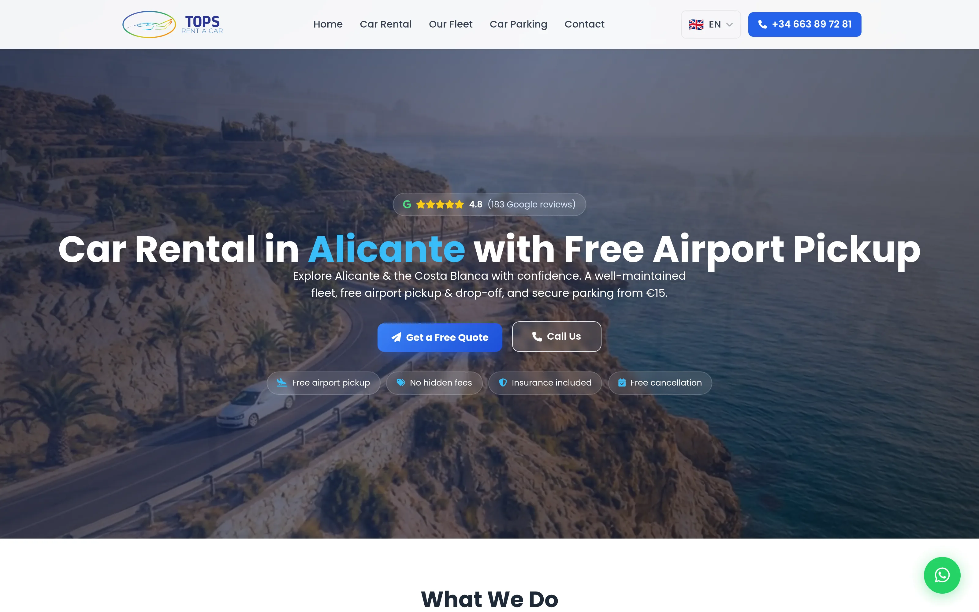 Tops Rent a Car website design, with an Alicante coast photograph and a booking enquiry button